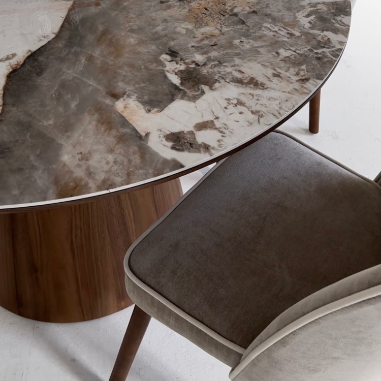 Round Walnut and Marble Effect Pedestal Dining Table - Seats 4 - Malia