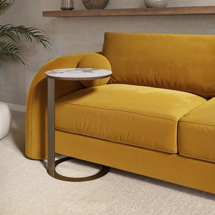 Round Side Table with Neutral Marble Effect and Bronze Base - Malia