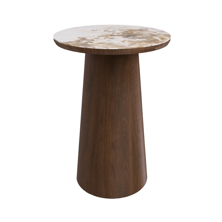 Round Walnut and Neutral Marble Effect Side Table - Malia