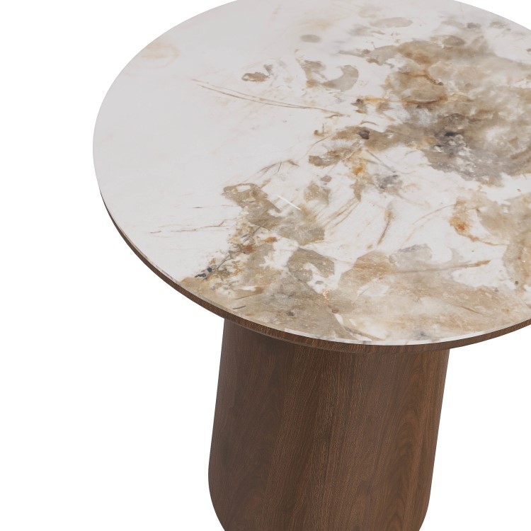 Round Walnut and Neutral Marble Effect Side Table - Malia