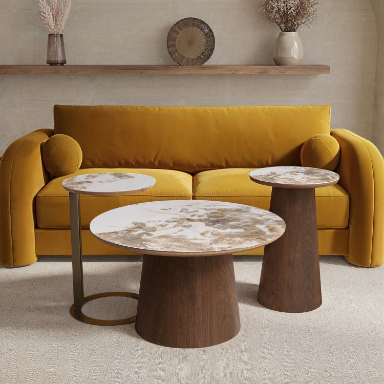 Round Walnut and Neutral Marble Effect Side Table - Malia
