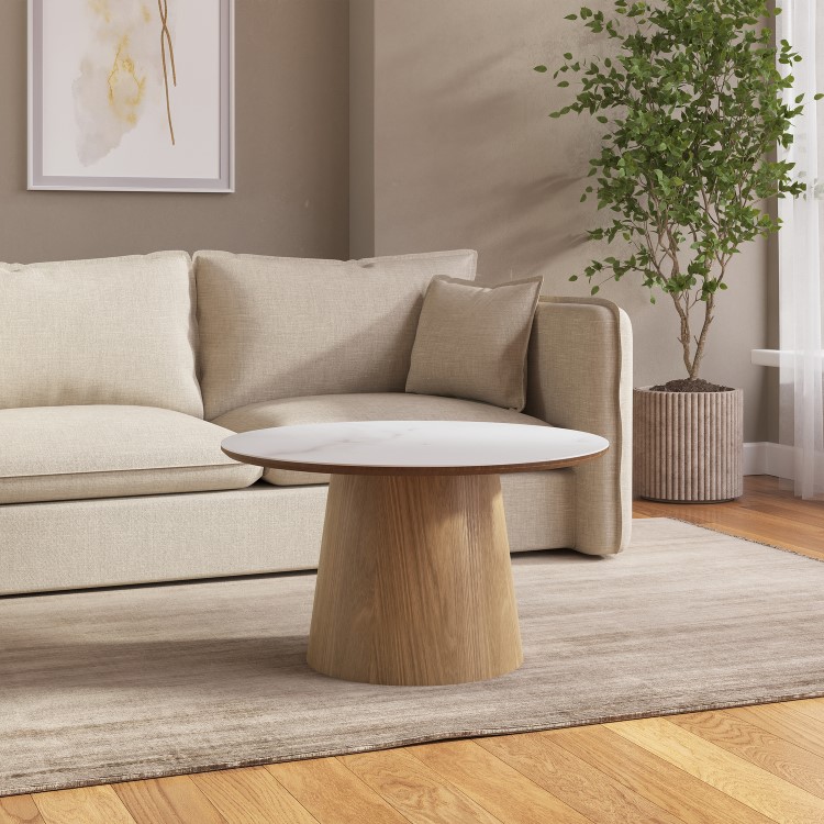 Large Oak and White Marble Effect Round Coffee Table - Malia