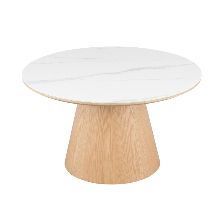 Large Oak and White Marble Effect Round Coffee Table - Malia