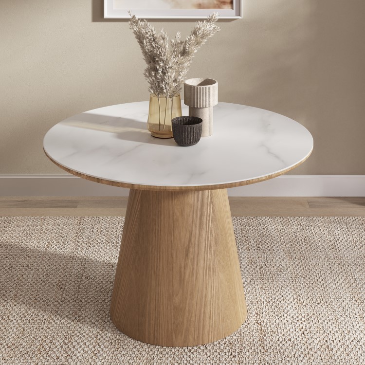 Round Oak and White Marble Effect Pedestal Dining Table - Seats 4 - Malia