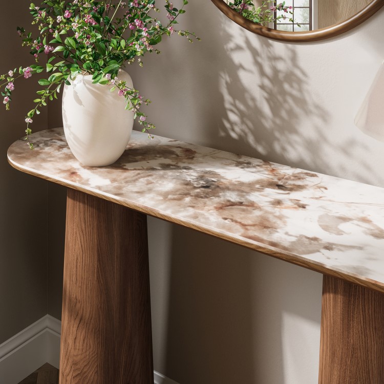 Walnut and Marble Effect Console Table with Flared Legs - Malia