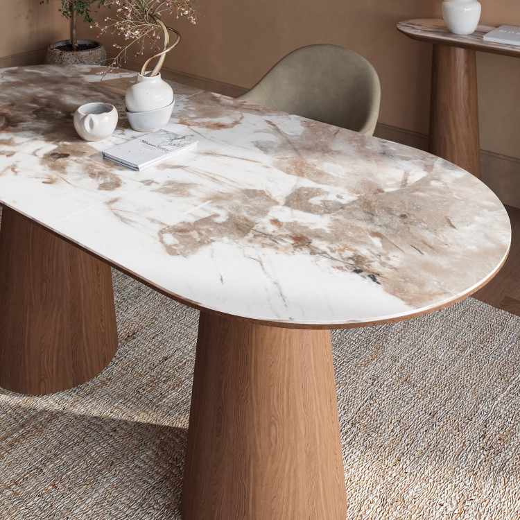 Large Walnut and Marble Effect Extendable Dining Table - Seats 4 - 6 - Malia