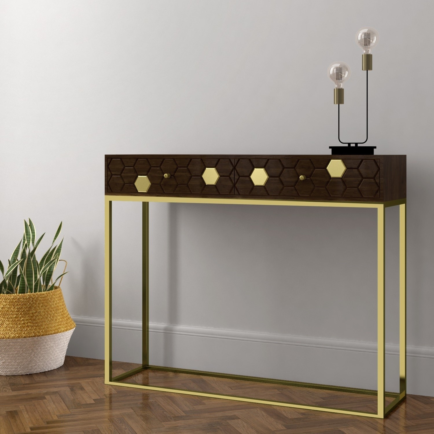 Narrow Console Table In Dark Wood Gold With Drawers Mari Buy