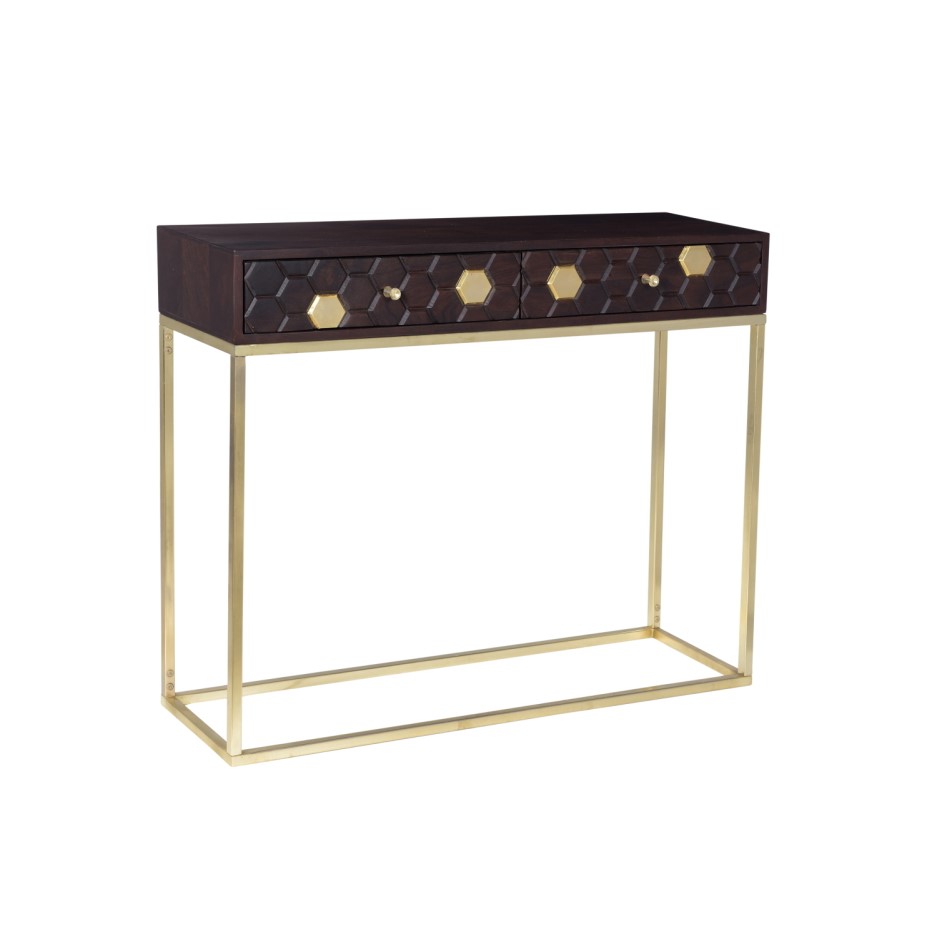 Narrow Console Table in Dark Wood & Gold with Drawers Mari BuyItDirect.ie