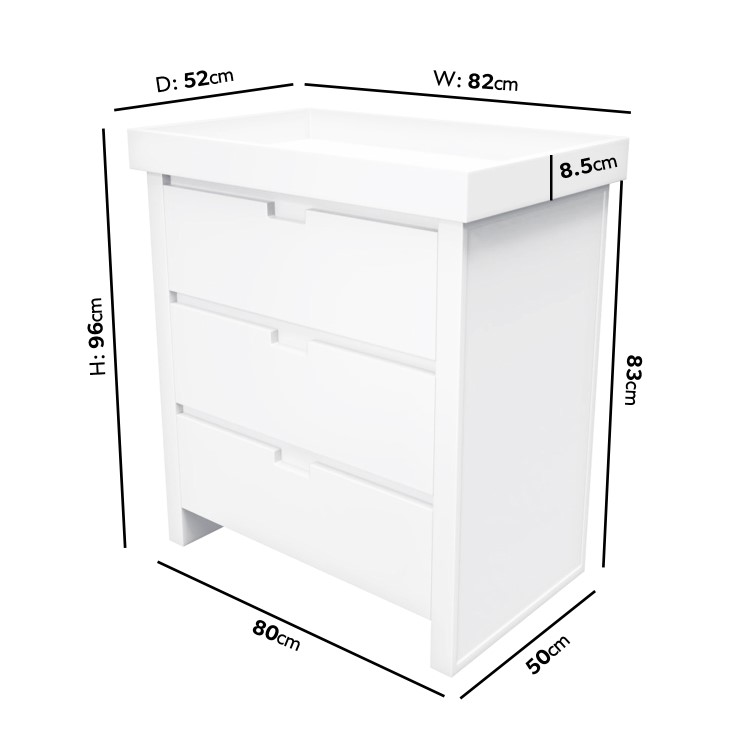 White Pine Wood Changing Unit with 3 Handleless Drawers - Mason