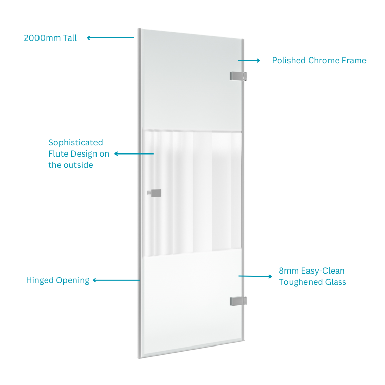 800mm Ribbed Glass Left Hand Hinged Shower Door 8mm Glass - Matira