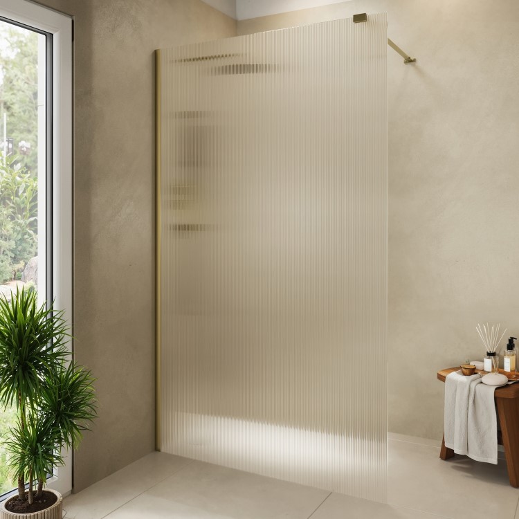 1000mm Brushed Brass Ribbed / Fluted Glass Shower Screen for Wet Room & Walk In Shower - Matira