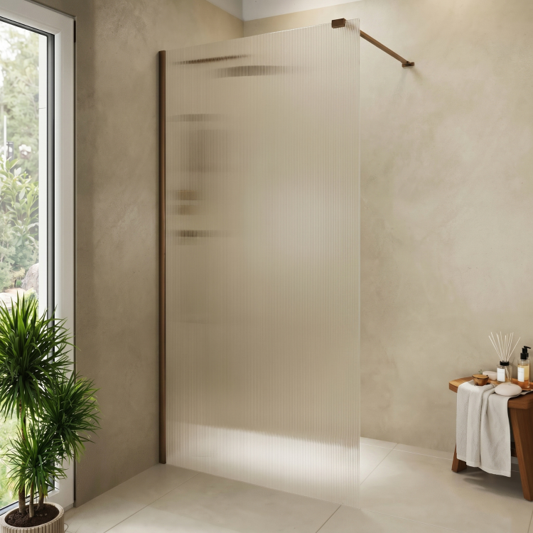 1200mm Brushed Brass Ribbed / Fluted Glass Shower Screen for Wet Room & Walk In Shower - Matira