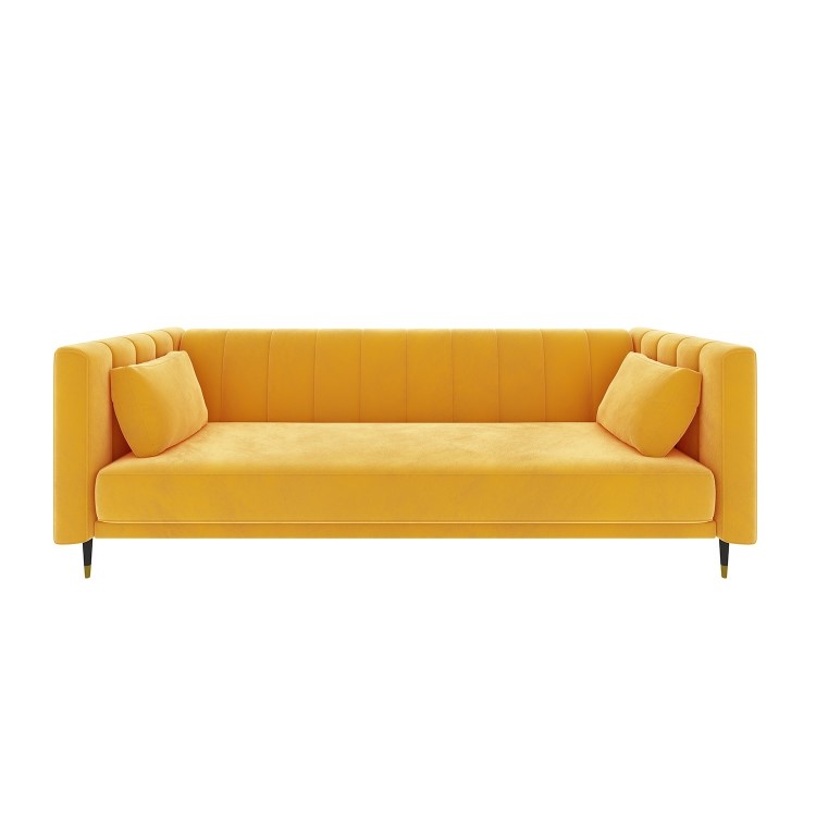 Yellow Velvet 3 Seater Sofa Bed with Cushions - Sleeps 2 - Mabel