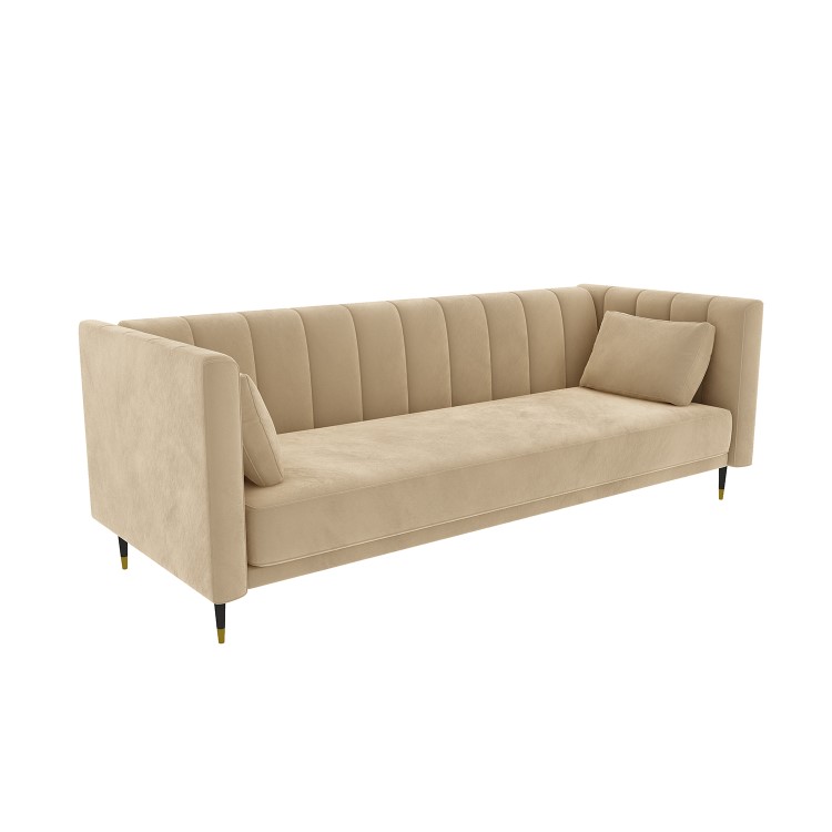 Beige Velvet 3 Seater Sofa Bed with Cushions - Sleeps 2 - Mabel