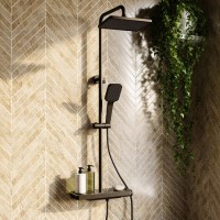 Black Thermostatic Mixer Shower Set with Push Button & Shelf - Mika Black Thermostatic Mixer Shower Set with Push Button & Shelf - Mika