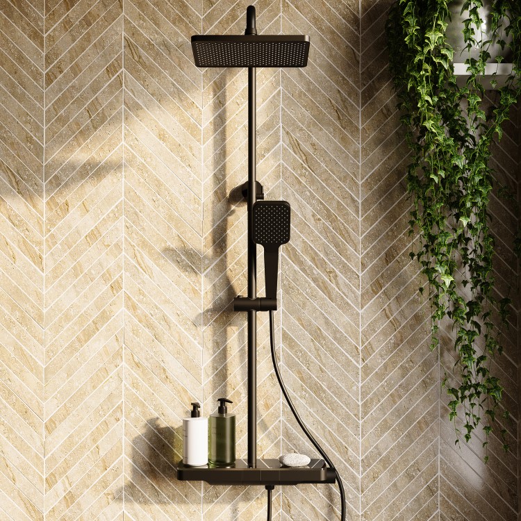 Black Thermostatic Mixer Shower Set with Push Button & Shelf - Mika