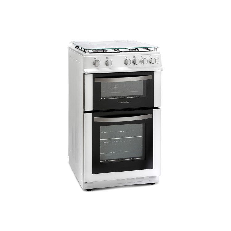 Montpellier MDG500LW 50cm Double Oven Gas Cooker With Lid White - LPG Jets Included