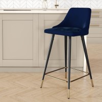 Navy Blue Velvet Kitchen Stool with Back - 66cm - Maddy