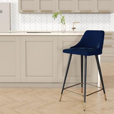 Navy Blue Velvet Kitchen Stool with Back - 66cm - Maddy