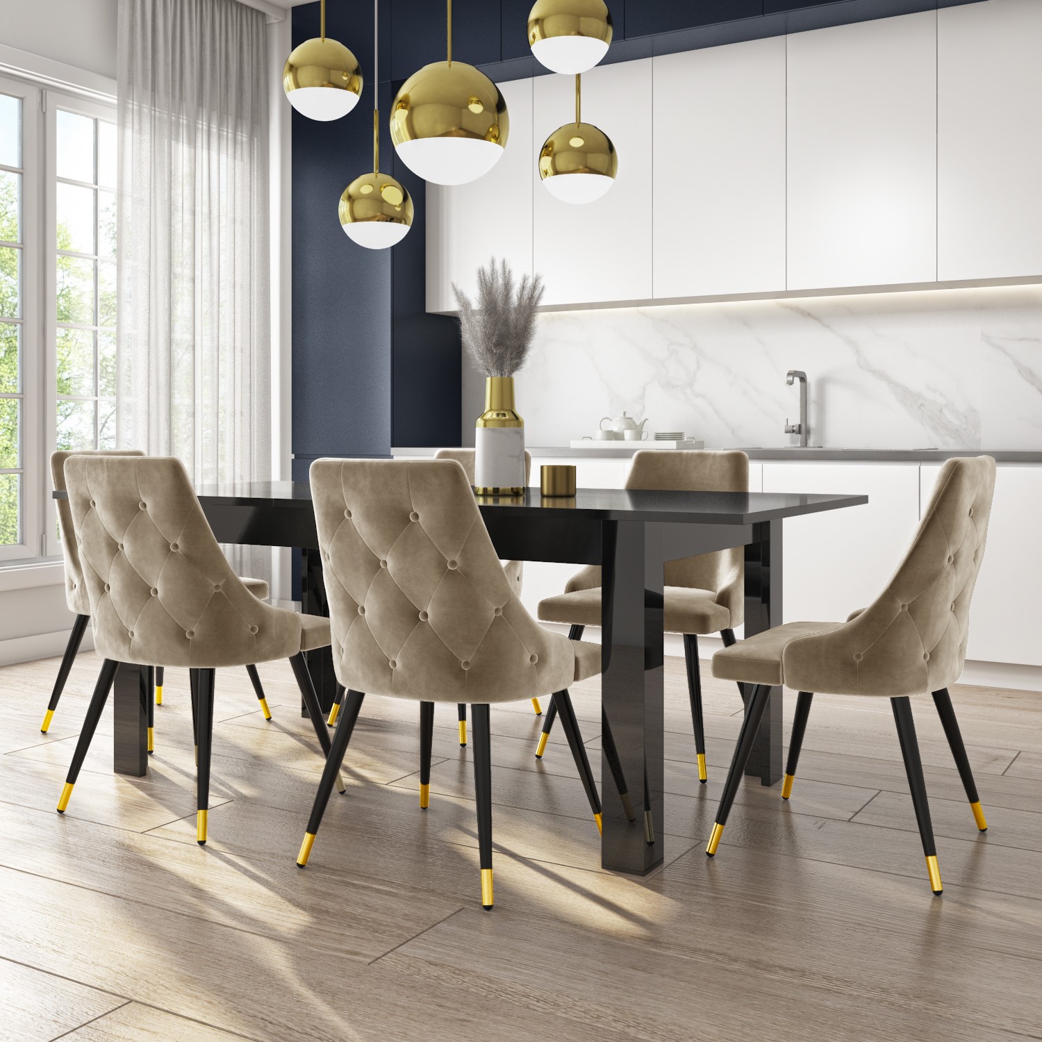 Pair Of Beige Velvet Dining Chairs With Button Back Black Legs Maddy Buyitdirectie Pair Of Beige Velvet Dining Chairs With Button Back Black Legs Maddy Buyitdirectie