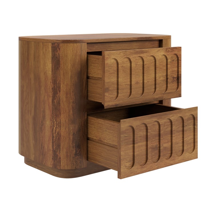 Wide Dark Wood Curved 2 Drawer Bedside Table - Fully Assembled - Meena
