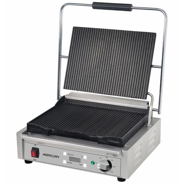 Mercury Large Single Contact Grill Ribbed Top And Bottom Plate. Digital Timer. 13 Amp Panini Grill. MEP-M-SATRR