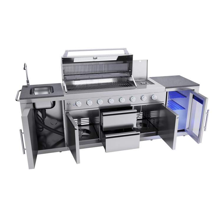 Monster Grill - Ultimate Outdoor Kitchen - 6 Burner Gas BBQ Grill with Fridge and Sink