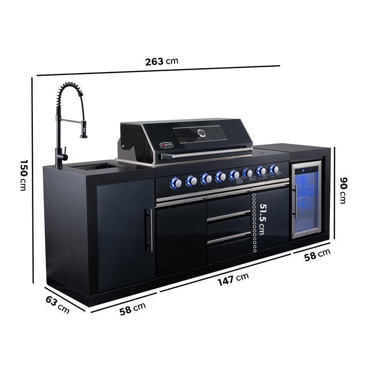 Monster Grill - Eclipse Ultimate Outdoor Kitchen - 6 Burner Gas BBQ Grill with Fridge Sink and Sintered Stone Worktops
