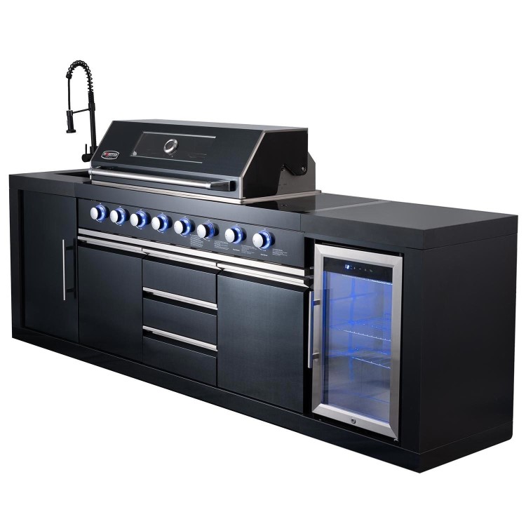 Monster Grill - Eclipse Ultimate Outdoor Kitchen - 6 Burner Gas BBQ Grill with Fridge Sink and Sintered Stone Worktops