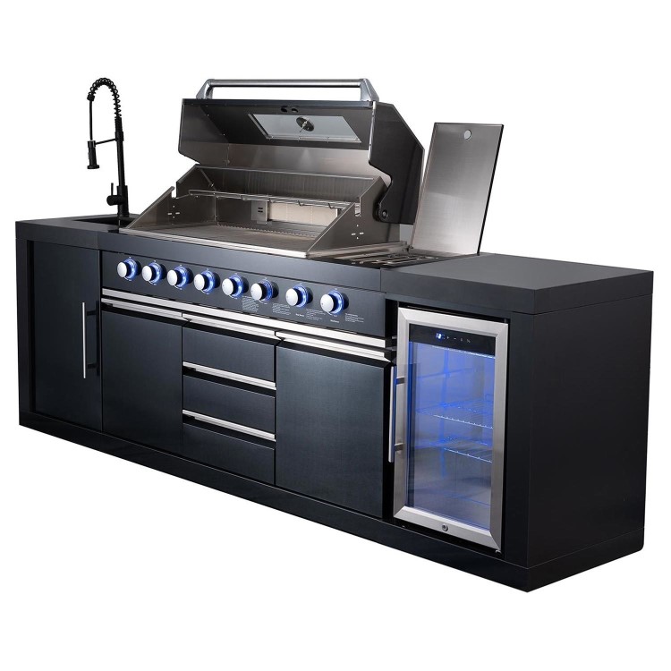 Monster Grill - Eclipse Ultimate Outdoor Kitchen - 6 Burner Gas BBQ Grill with Fridge Sink and Sintered Stone Worktops