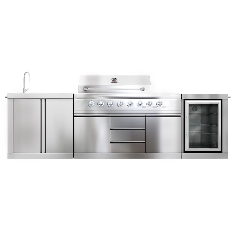 Refurbished Monster Grill - Ultimate Outdoor Kitchen - 6 Burner Gas BBQ Grill with Fridge and Sink