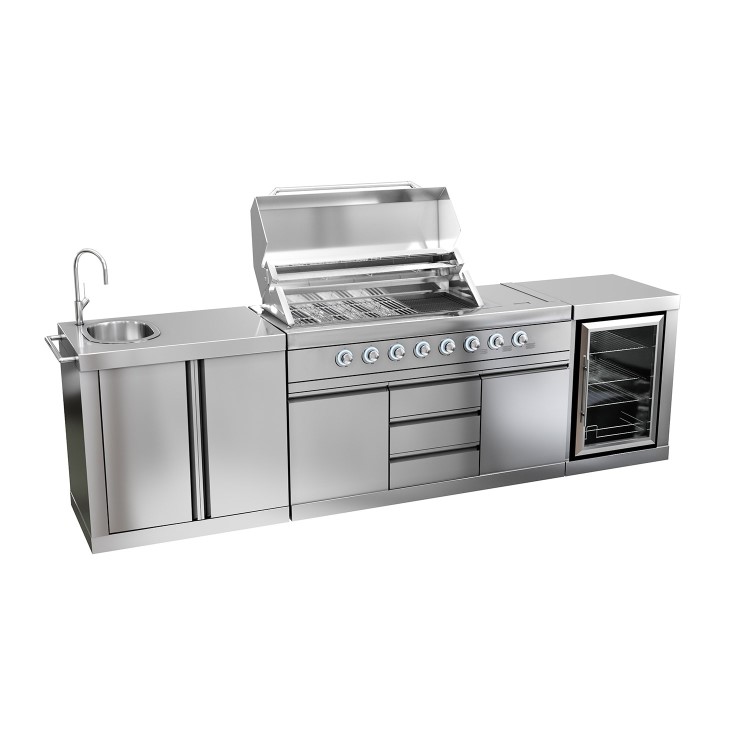 Refurbished Monster Grill - Ultimate Outdoor Kitchen - 6 Burner Gas BBQ Grill with Fridge and Sink