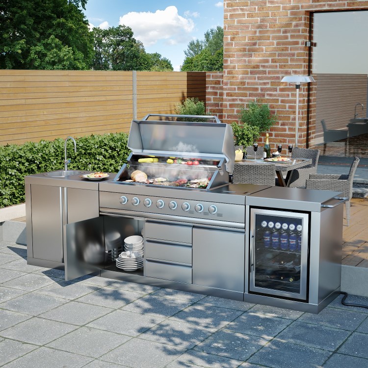 Refurbished Monster Grill - Ultimate Outdoor Kitchen - 6 Burner Gas BBQ Grill with Fridge and Sink