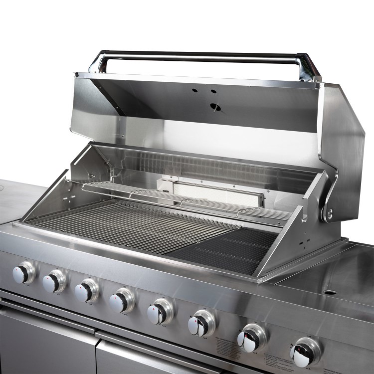 Refurbished Monster Grill - Ultimate Outdoor Kitchen - 6 Burner Gas BBQ Grill with Fridge and Sink