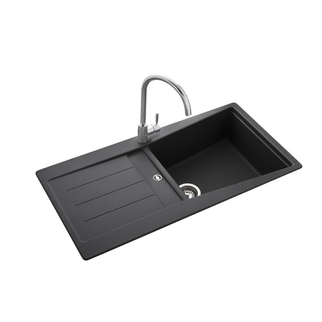 Single Bowl Inset Black Granite Kitchen Sink with Reversible Drainer - Rangemaster Mica 1000mm