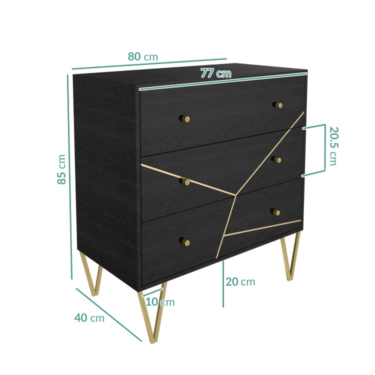 Mika 3 Drawer Dark Brown Chest of Drawers with Brass Inlay