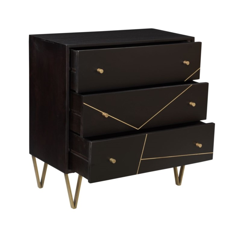 Mika 3 Drawer Dark Brown Chest of Drawers with Brass Inlay