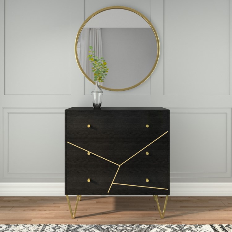 Mika 3 Drawer Dark Brown Chest of Drawers with Brass Inlay