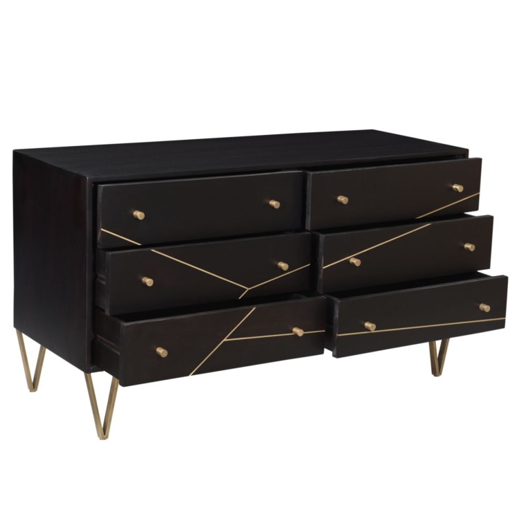 Mika Wide Dark Brown Chest of Drawers with Brass Inlay - 6 Drawers