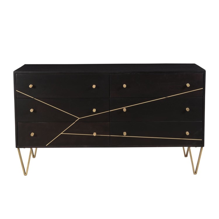 Mika Wide Dark Brown Chest of Drawers with Brass Inlay - 6 Drawers