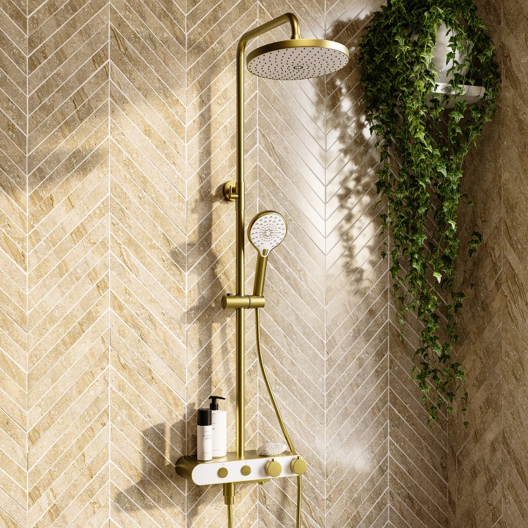 GRADE A1 - Brushed Brass Round Thermostatic 3 Outlet Mixer Shower Set with Bath Filler Spout  Push Buttons and Shelf- Mika