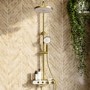 GRADE A1 - Brushed Brass Round Thermostatic 3 Outlet Mixer Shower Set with Bath Filler Spout  Push Buttons and Shelf- Mika