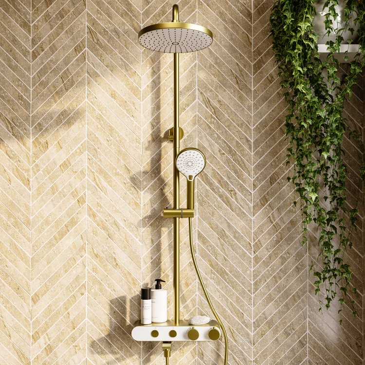 GRADE A1 - Brushed Brass Round Thermostatic 3 Outlet Mixer Shower Set with Bath Filler Spout  Push Buttons and Shelf- Mika