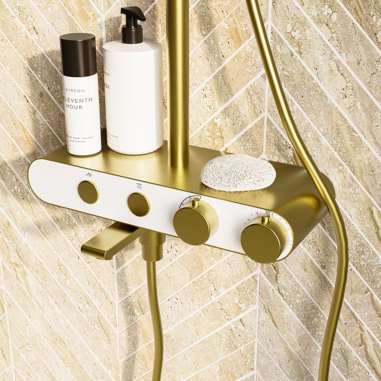 GRADE A1 - Brushed Brass Round Thermostatic 3 Outlet Mixer Shower Set with Bath Filler Spout  Push Buttons and Shelf- Mika