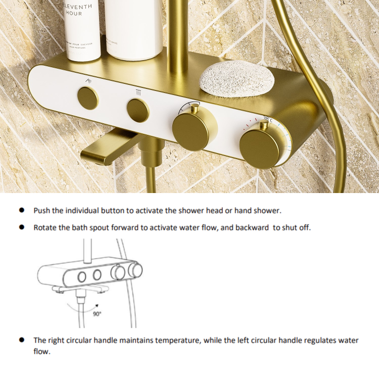 GRADE A1 - Brushed Brass Round Thermostatic 3 Outlet Mixer Shower Set with Bath Filler Spout  Push Buttons and Shelf- Mika