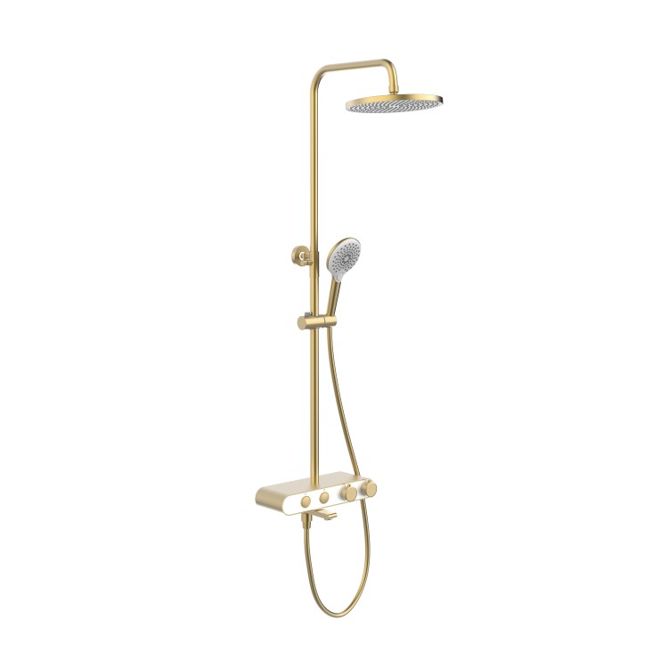 GRADE A1 - Brushed Brass Round Thermostatic 3 Outlet Mixer Shower Set with Bath Filler Spout  Push Buttons and Shelf- Mika