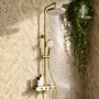 GRADE A1 - Brushed Brass Round Thermostatic 3 Outlet Mixer Shower Set with Bath Filler Spout  Push Buttons and Shelf- Mika
