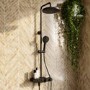 ALMOST PERFECT - Black Round Thermostatic 3 Outlet Mixer Shower Set with Bath Filler Spout Push Buttons and Shelf- Mika