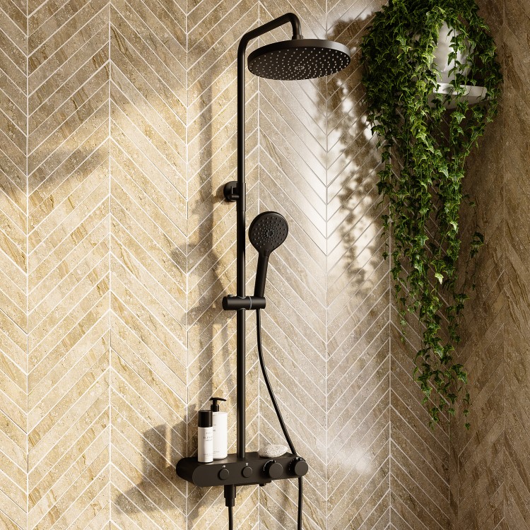 ALMOST PERFECT - Black Round Thermostatic 3 Outlet Mixer Shower Set with Bath Filler Spout Push Buttons and Shelf- Mika