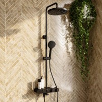 ALMOST PERFECT - Black Round Thermostatic 3 Outlet Mixer Shower Set with Bath Filler Spout Push Buttons and Shelf- Mika